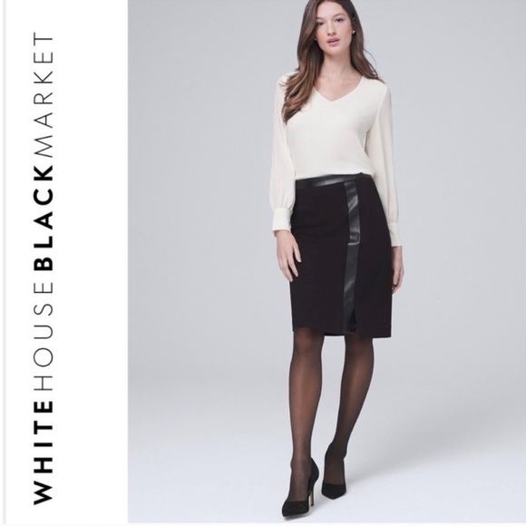 White House Black Market Black Ponte Faux leather Pencil Skirt size 4 - Picture 3 of 14